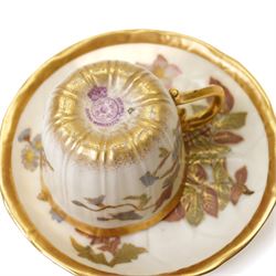 Collection of Worcester blush ivory, including a pot pourri and a pair of candlesticks by George Grainger & Co, with brown and green stamps to bases, together with a teacup and saucer with marks in puce, candlesticks H12cm 