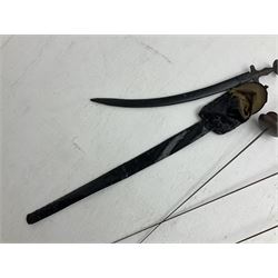 20th century Indian Tulwar sword with 71cm plain curving steel blade and iron hilt with extended langets, knopped grip and spiked pommel; in canvas covered wooden scabbard L87.5cm overall; together with five fencing swords comprising four foils and one epee, three marked Leon Paul, one in carrying case (6)