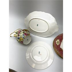 A late 19th century Coalport dessert dish, hand painted with floral sprays within lilac panels, and heightened with gilt throughout, with printed mark beneath, together with an early 20th century Crown Staffordshire part dessert service, comprising two bowls and six plates, and an early Hammersley Chintz jug. 