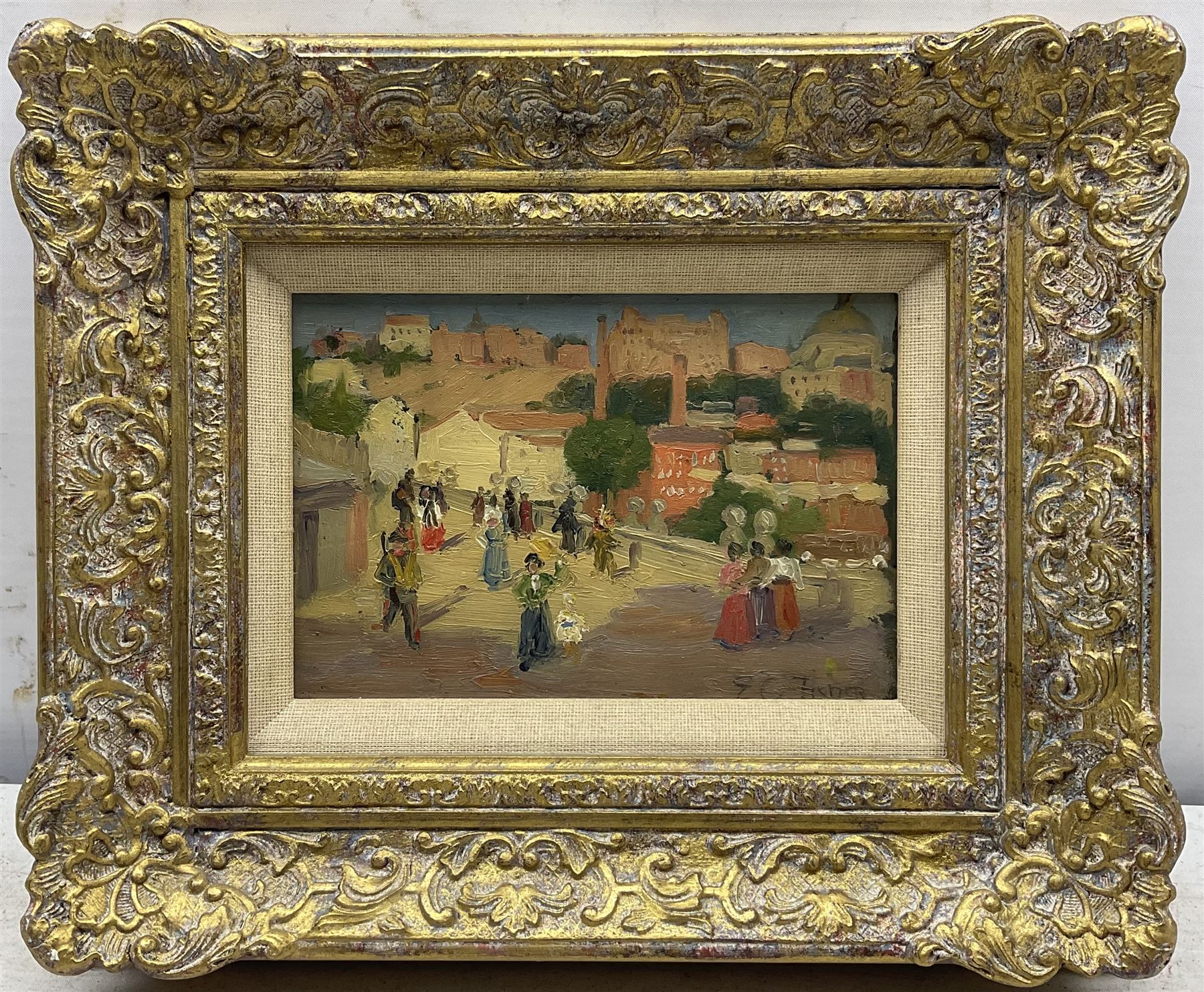 Elizabeth Campbell Fisher Clay (American/British 1871-1959): 'Old Bridge - Madrid', oil on panel signed, titled verso 11cm x 17cm 
Provenance: West Yorkshire dec'd estate; with Christie's London 21st July 1988 Lot 116 
Notes: signed 'EC Fisher', painted before her marriage to Howard Clay on 20th April 1909.