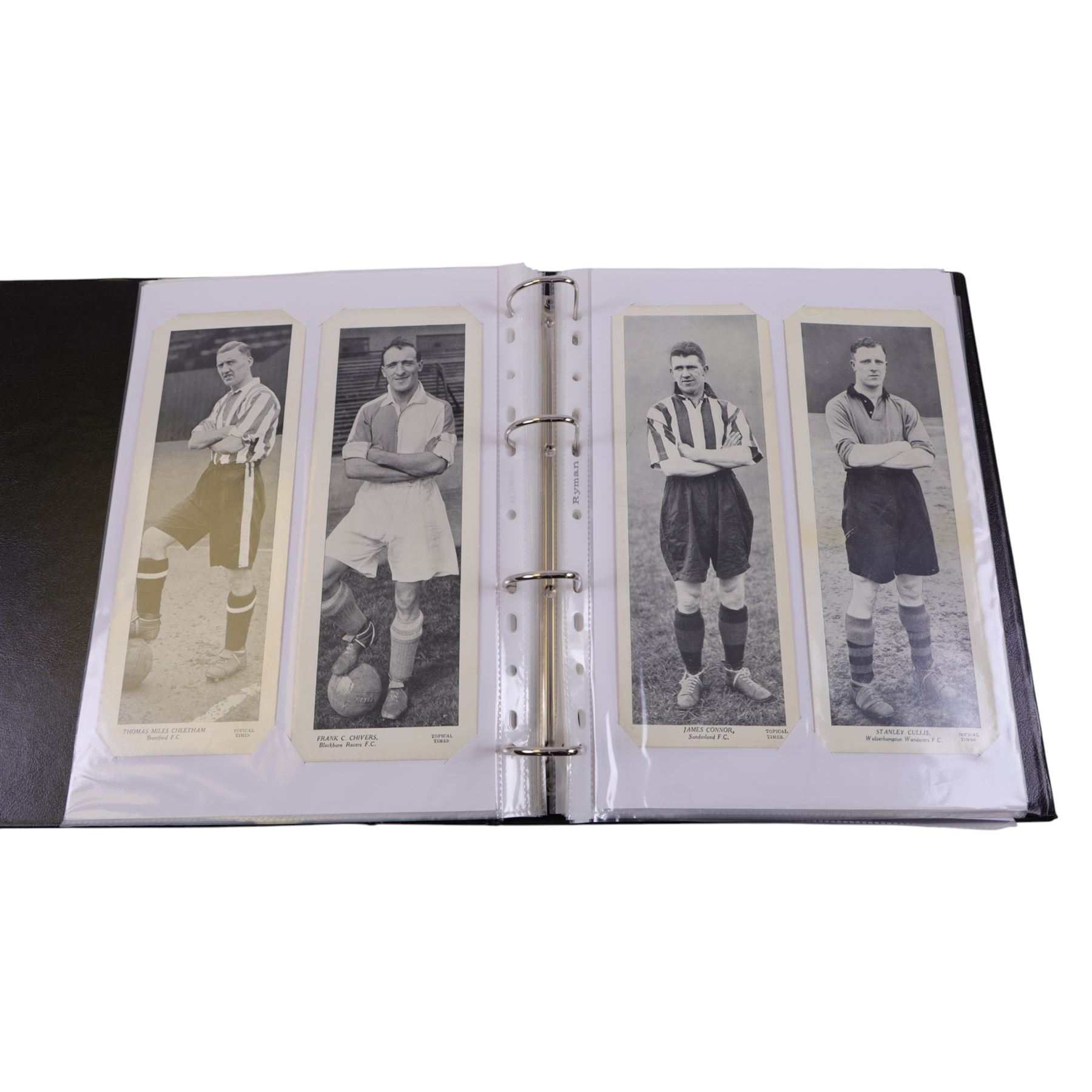 Collection of 1930s and later Football related trading and cigarette cards, including complete set of sixteen 1936 Topical Times Panel Portraits of Star Footballers, collection of further 1930s Footballer Panel Portraits, complete set of twenty-five 1955 The Wizard Famous Footballer cards, complete set of fifty Wills Association Footballers 1935, complete set of fifty Godfrey Phillips International Caps cards, etc, housed in three albums