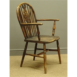  Late 19th century beech armchair, stick and wheel splat back, dished elm seat, W60cm  