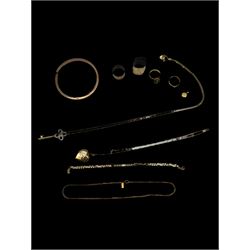 9ct rose gold bangle and gold heart pendant necklace, 18ct gold stone set ring and Saint Christopher's pendant and a collection of costume jewellery
