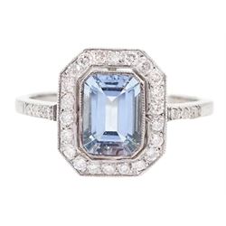 White gold milgrain set emerald cut aquamarine and diamond cluster ring, with diamond set shoulders, stamped 18ct, aquamarine approx 1.00 carat