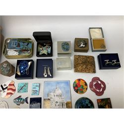 Collection of enamel plaques and jewellery, including pendants, earrings and cufflinks, together with boxes decorated with enamel plaques