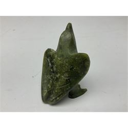 Chinese soapstone figure of a crane, upon a carved wooden plinth, together with another soapstone figure of a bird, tallest example 33cm  