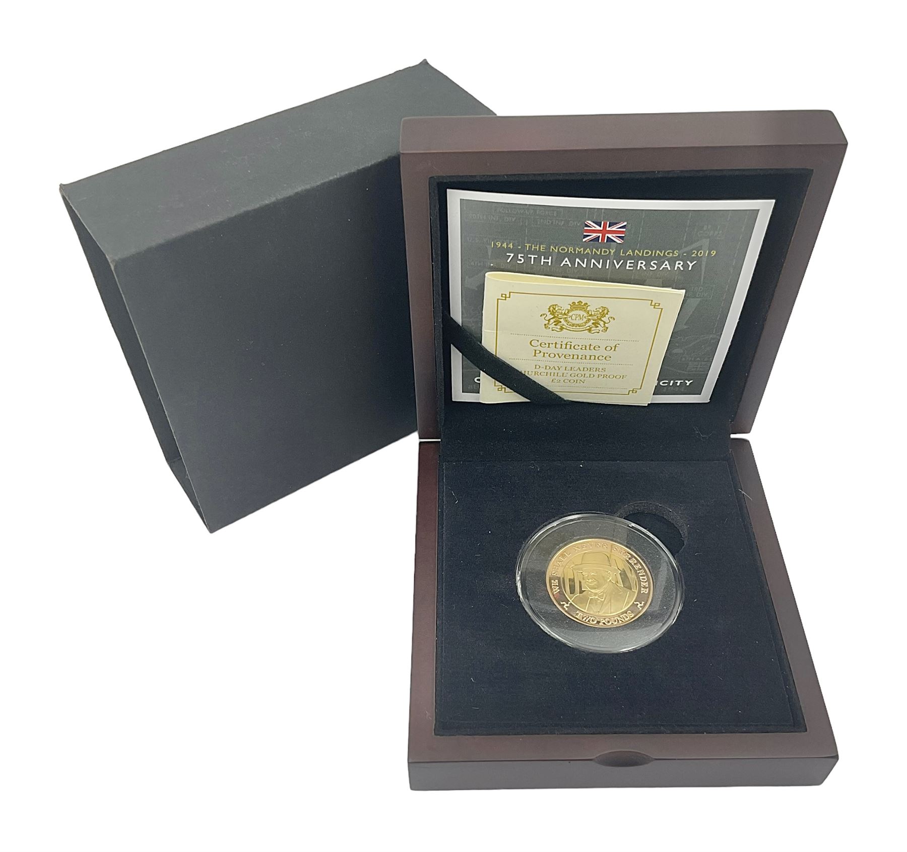 Queen Elizabeth II Isle of Man 2019 '75th Anniversary D-Day Leaders Churchill' gold proof two pound coin, cased with certificate