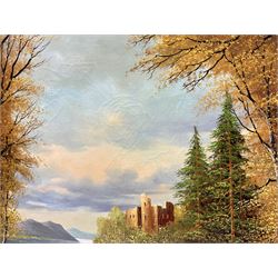 H Sanders (Continental 20th century): Castle in Highland River Landscape, oil on canvas signed 60cm x 91cm