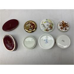 Two Crummles enamel trinket boxes to include William Wordsworth example and a larger example decorated with roses and other flowers, boxed Royal Worcester Golden Jubilee box, two Aynsley boxes, Dresden box, Hammersley and Aynsley examples decorated with birds etc