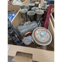 Silver plated cocktail shaker and goblets, knot display, House of Fraser silver plated canteen, costume jewellery, etc 