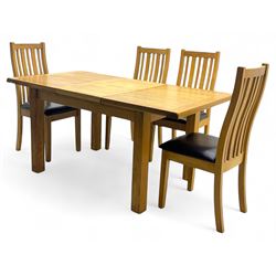 Light oak extending dining table, with four chairs, breadboard ends with integrated fold out leaf with latches, on square supports, tall slatted backrest with brown leather drop in seat  

(Extended 165cm)