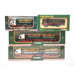Corgi - four die-cast Eddie Stobart vehicles comprising Volvo Skeletal Trailer No.TY86705, Volvo Short Wheelbase Lorry with Close Couple Trailer No.59516, Ford Cargo Box Van No.59601 and BMC Dropside Lorry No.CC13301, all near mint boxed