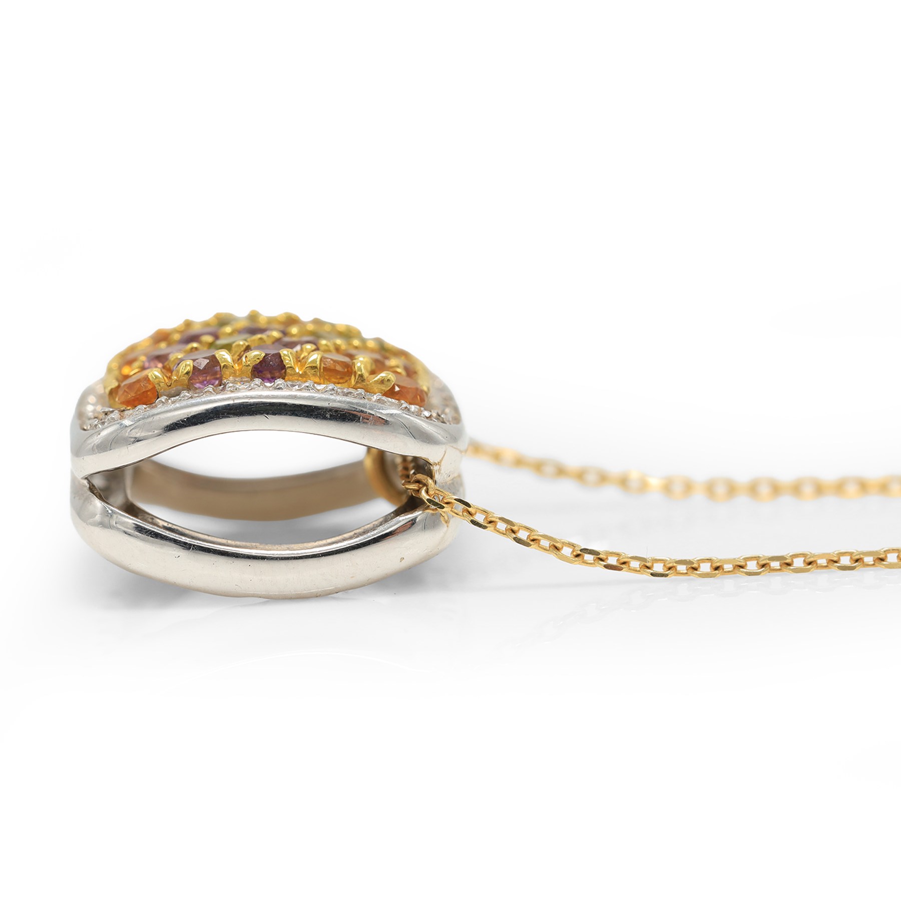 18ct gold multi gemstone set flower pendant necklace, white gold pendant pave set with citrine's, peridot's and amethyst's, surrounded by white sapphire's, on a yellow gold trace link chain necklace, both stamped