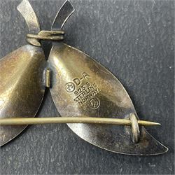 Norwegian silver-gilt red guilloche enamel double leaf brooch, by David Andersen, stamped DA Sterling Norway 925S, H2.6cm