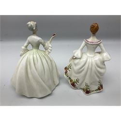 Three Royal Doulton figures, comprising Mistletoe and Wine, with original certificate, Country Rose HN3221, Diana HN2468, together with two Royal Dux figures and two other (7) 