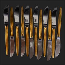 Extensive suite of WMF 800 silver gilt cutlery, for twelve covers, comprising twelve table knives and forks, fish knives and forks, dessert forks, table spoons, dessert spoons, teaspoons, eleven dessert forks and six serving spoons, with crescent moon and crown WMF hallmarks