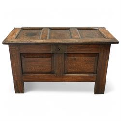 19th Century oak blanket chest, all-over panelling, hinged top with brass latch lock