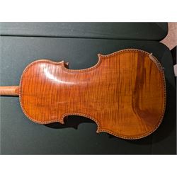 19th century full size European violin, spruce top, figured maple full back and sides, double purfling, in fitted case with two bows.