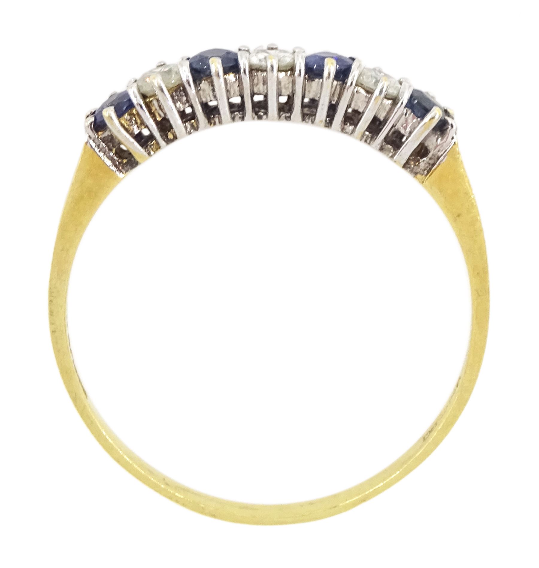 18ct gold seven stone round brilliant cut diamond and sapphire ring, hallmarked, total diamond weight 0.20 carat