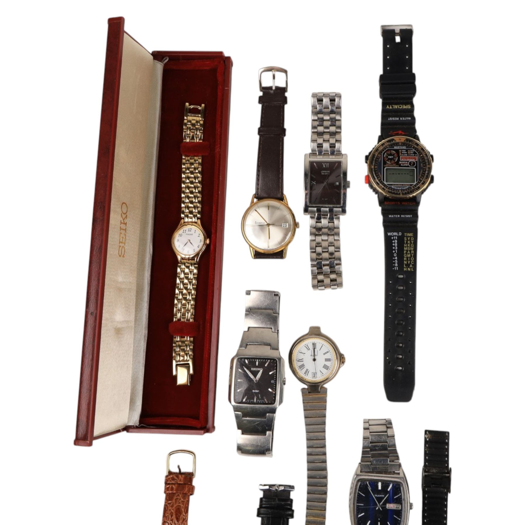 Collection of wristwatches, including Dunhill, Citizen, Seiko, Montre Suisse, Rotary and Sekonda