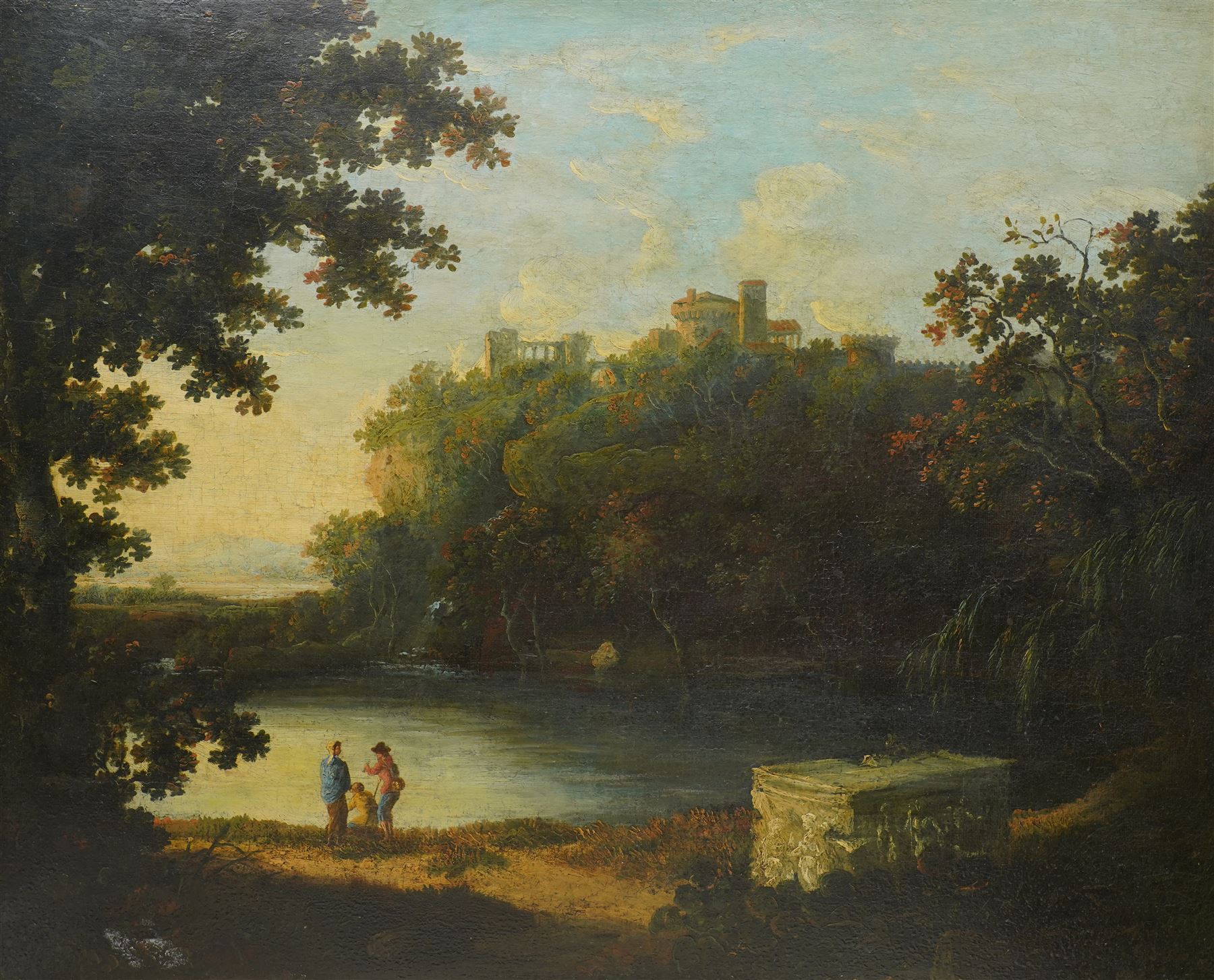Grand Tour School (Late 18th century): Capriccio Tivoli Landscape with a Roman Sarcophagus and Figures, oil on canvas unsigned 71cm x 90cm