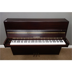  Modern 'Fazer' mahogany cased upright piano, iron framed and overstrung, W145cm, H109cm, D54cm  