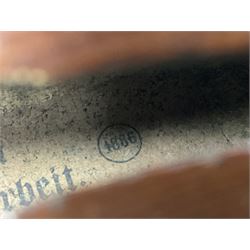 German copy of a Maggini violin c1900 with 35.5cm two-piece maple back and ribs and spruce top, bears label 'Maggini Deutsche Arbeit 1866' L59cm; in carrying case with bow