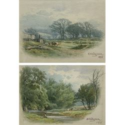 George Hodgson (British 1847-1921): Cattle by a Stream, pair watercolours signed and dated 1895, 8cm x 11cm (2) 
Notes: born in Nottingham, Hodgson lived in Grange-over-Sands and was a member of the Nottingham Society of Artists, acting as Vice-President 1908-1917. He exhibited many works at the Nottingham Castle Museum, the Royal Academy, Royal Birmingham Society of Artists, and Royal Society of British Artists.