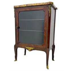 Early 20th century French style vitrine, with shaped breccia marble top above a single glazed door enclosing three shelves, the serpentine front and canted corners with kingwood and rosewood veneers, mounted with gilt metal ormolu mounts and sabots, raised on slender cabriole legs