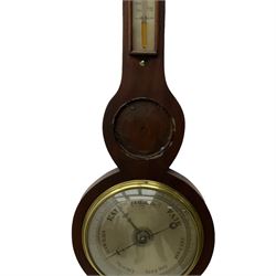 A Victorian mahogany wheel barometer with a mercury cistern, c1880, with a flat top and rounded base, 8” silvered dial with weather predictions, steel indicating hand and brass recording hand, short spirit thermometer, butlers mirror (missing), hygrometer and spirit level.

