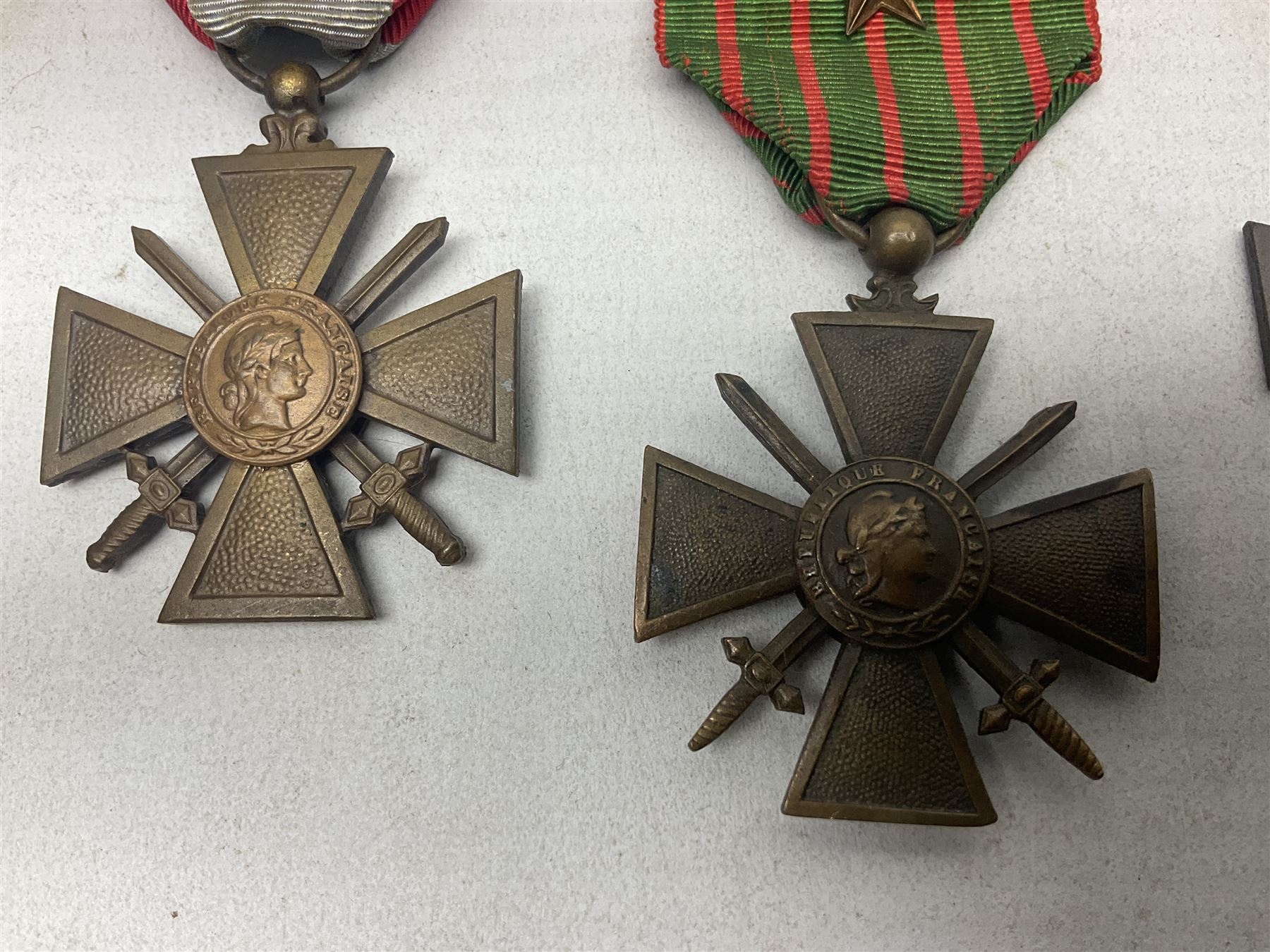 Six French medals - 2nd Empire Louis-Naploeon Medaille Militaire Valeur Et Discipline; 1870 3rd Republic Medaille Militaire Valeur Et Discipline; WW1 Croix-De-Guerre with MID star; WW2 Theatres D'Operations Exterieurs Croix-De-Guerre; WW1 Commemorative Medal; and Croix De La Valeur Militaire; all with ribbons (6)