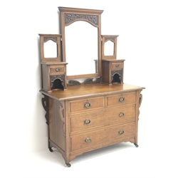 Early 20th century oak dressing chest, fitted with two short and two long drawers with Art Nouveau copper handles, mirror back, W122cm, D57cm