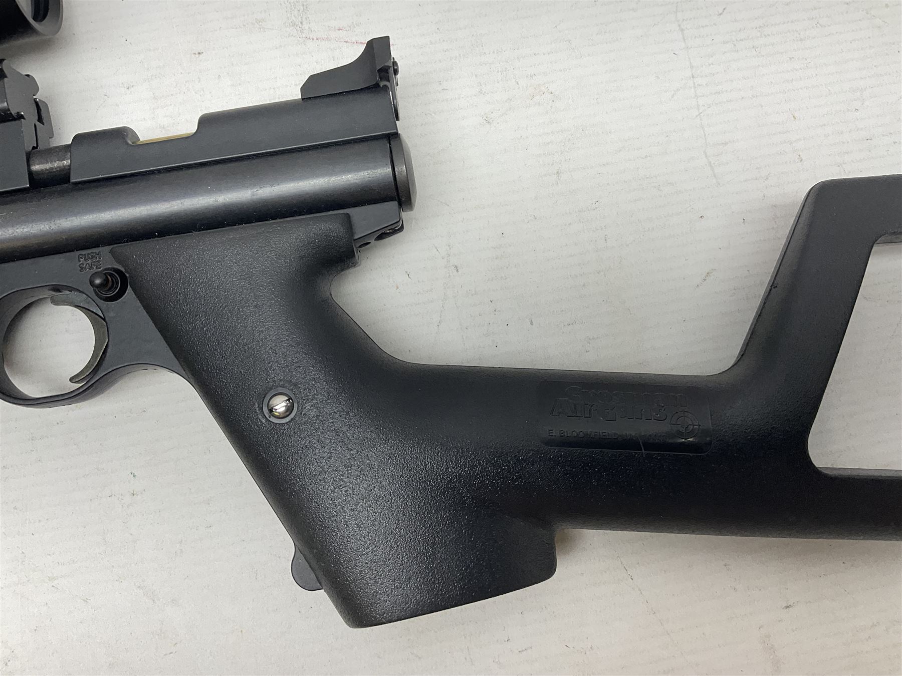 Crosman Model 2250B .22 cal. CO2 rifle, with PAO red dot sight and skeleton stock, serial no.221B76447, L77.5cm overall  NB: AGE RESTRICTIONS APPLY TO THE PURCHASE OF AIR WEAPONS.