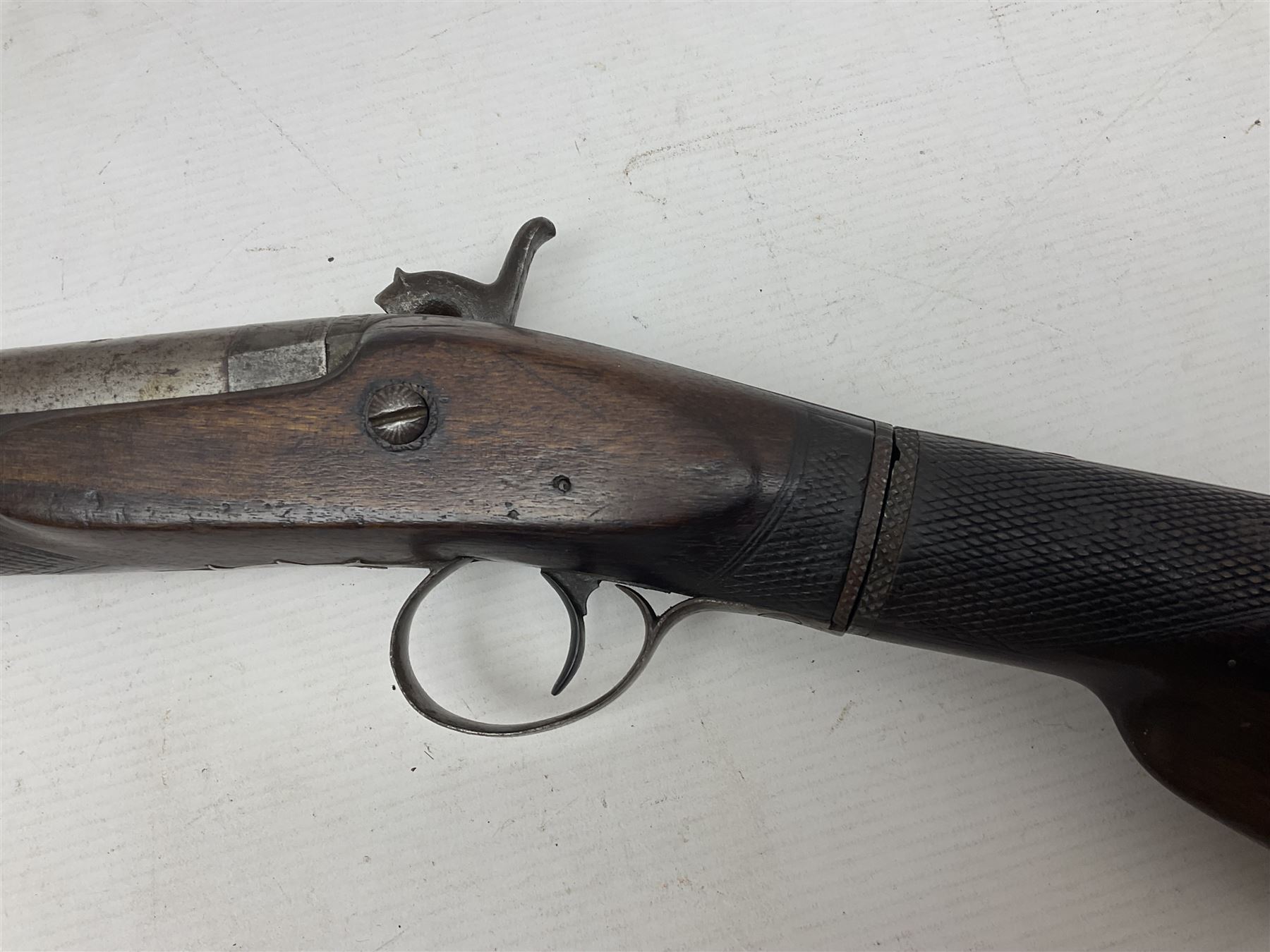 19th century take down 'cripple stopper' single barrel percussion gun, removable walnut stock with bayonet style fitting, chequered grip and fore-end, approximately 8-bore, the 59.5cm (23