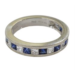 18ct white gold princess cut diamond and sapphire three quarter eternity ring, makers mark MS, Edinburgh 2007, total diamond weight 0.84 carat