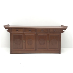 Chinese rosewood sideboard, scrolling sides, four drawers above four cupboards, stile supports, W182cm, H86cm, D49cm