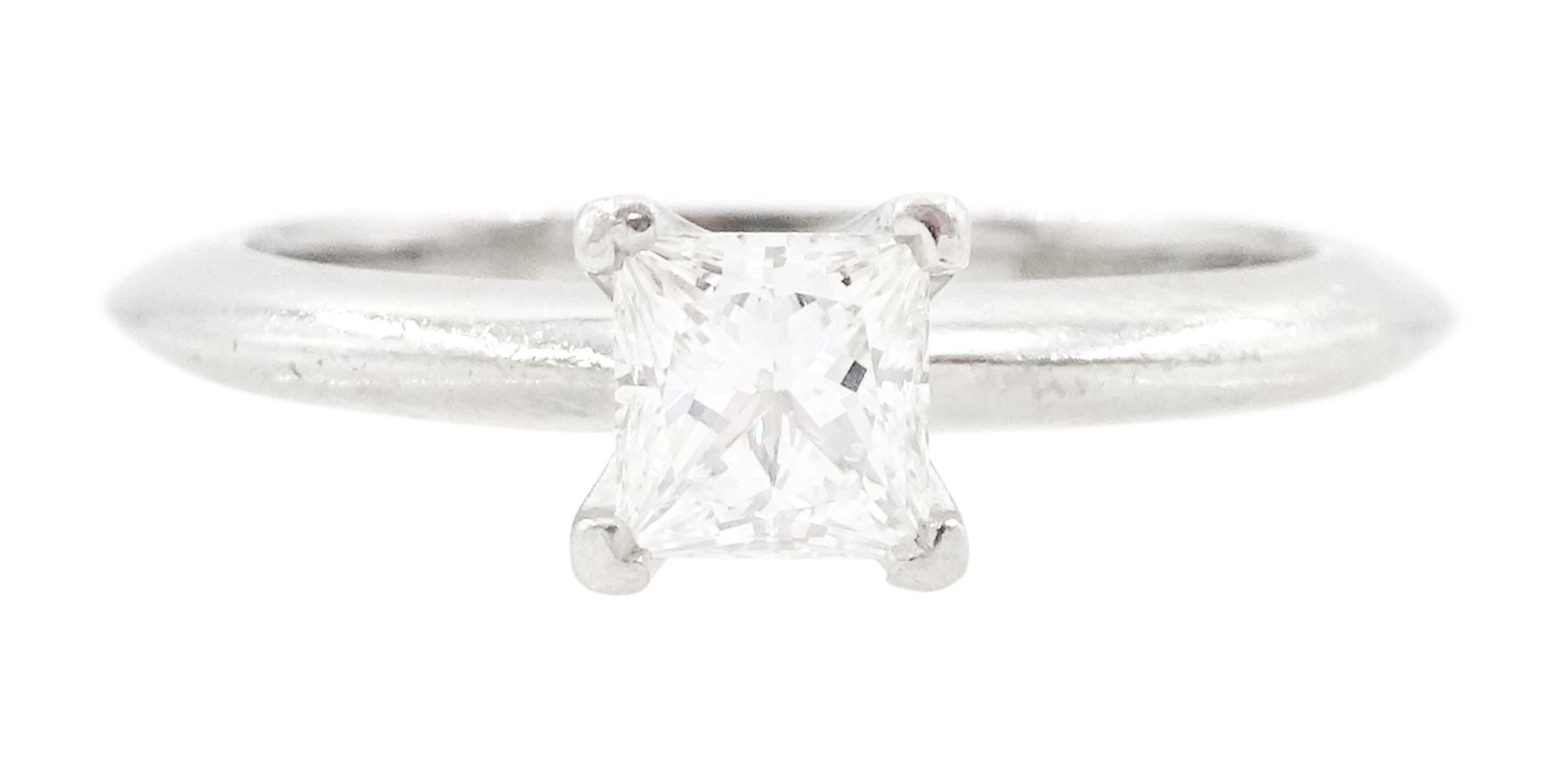 Tiffany & Co platinum single stone, princess cut diamond ring, London 2014, diamond 0.40 carat, boxed