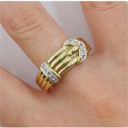 9ct gold diamond chip buckle ring, hallmarked