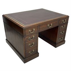 George III mahogany twin pedestal partner's desk, moulded rectangular caddy top with tooled leather inset, one side fitted with nine drawers and the opposing side fitted with single drawer, two false drawers and two panelled cupboards, ornate cast gilt metal handles and handle plates, on plinth base