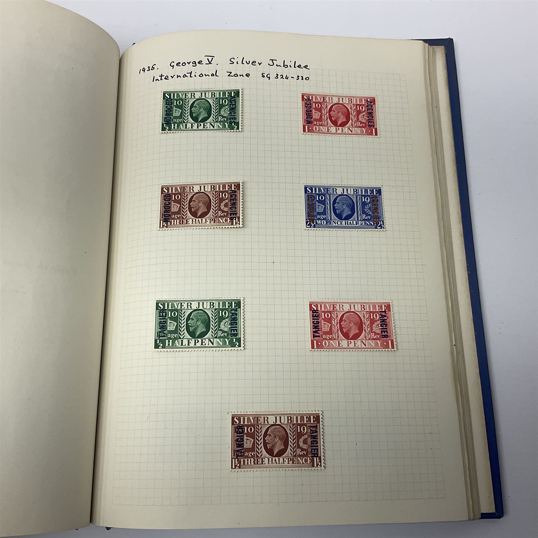 Queen Victoria and later Morocco Agencies and Tangier overprint stamps, including 1898 Morocco Agencies overprint on Gibraltar, some mint pairs, King Edward VII 1907-12 Morocco Agencies overprints with surcharge on two shillings and sixpence, five shillings and ten shillings, King George VI 1917-26 Morocco Agencies overprints on seahorses with half crown, five shillings and ten shilling values, Spanish French and International zones represented etc, housed in single blue album