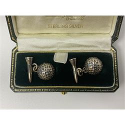 Pair of silver golfing cufflinks, modelled as a golf ball and tee, stamped 925, boxed