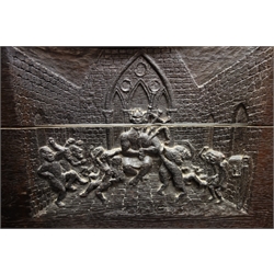  19th century oak bench, arched top rails, carved with scenes depicting 'Tam o' Shanter' poem by Robert Burns, carvings titled 'Nursing her wrath', 'Tam Maun Ride', 'Oor Hame', and tavern scenes, the arm terminals carved with boar and wild cat, hinged lid enclosing storage, W130cm, H113cm, D49cm   