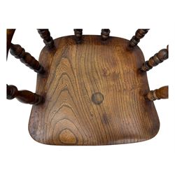 Victorian elm captains smokers bow chair, spindle turned tub shaped back, saddle seat, seat height 41cm