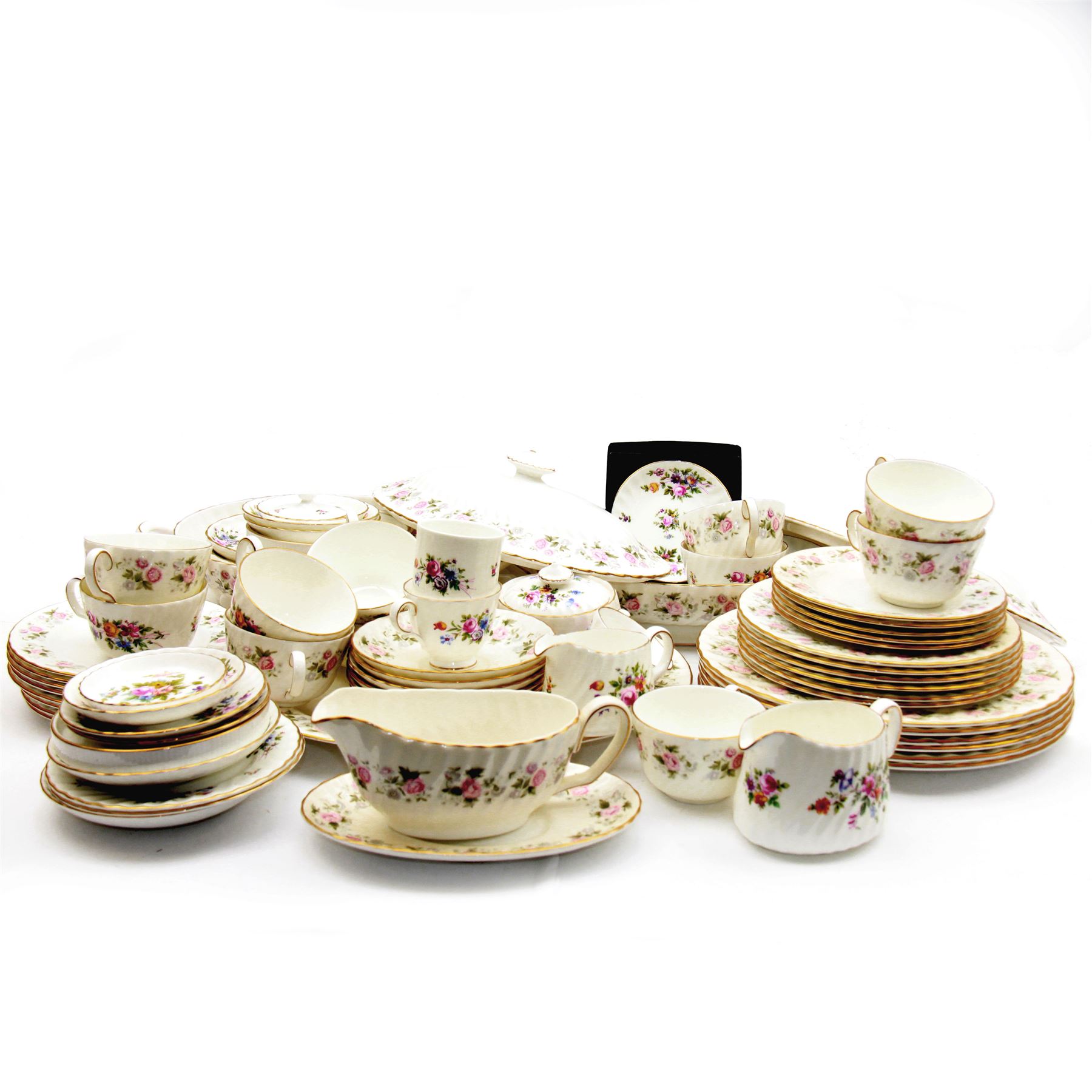 Minton Spring Bouquet pattern part tea and dinner service, including six dinner plates, six side plates, two covered dishes etc, together with Minton Marlow pattern part tea service  