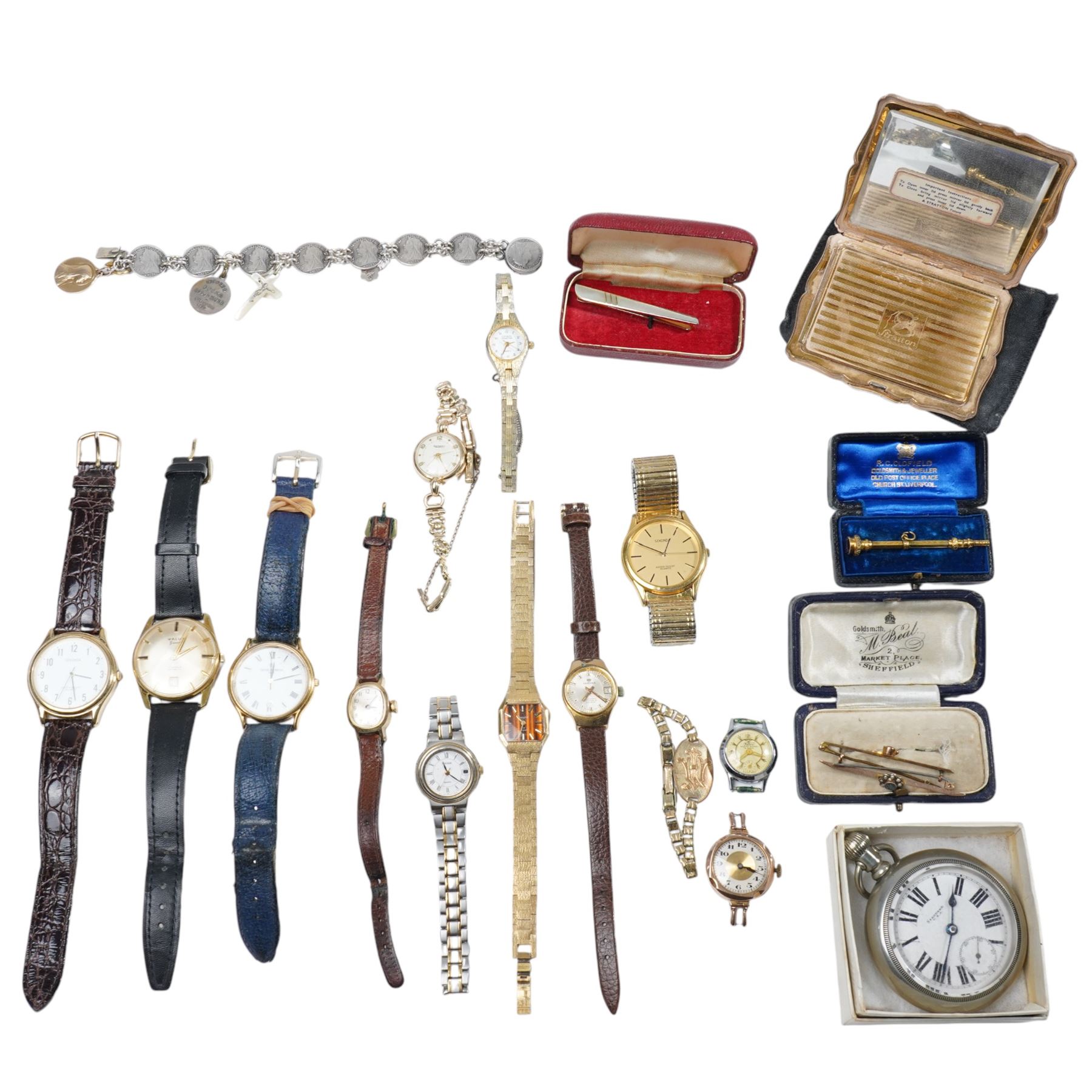 9ct gold stone set brooches, 9ct gold wristwatch, three pence coin bracelet with a French gold filled Virgin Mary medallion, Stratton marcasite set compact, gilt propelling pencil, various wrist watches, Standard U.S.A pocket watch etc 