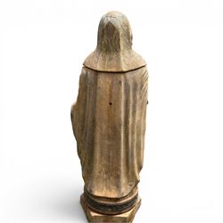 Farran stone garden statue depicting a hooded monk standing in flowing robes in circular form, set upon Gothic pedestal with arched panels, featuring lead hands and script band