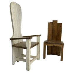 Brutalist high back open armchair (W67cm, H143cm, D58cm); and a similar pine side chair (W51cm, H108cm, D47cm)