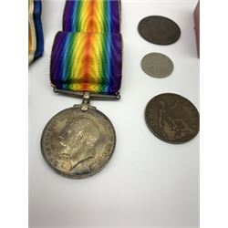 WWI medal pair comprising British War and Victory medals named to '39325 PTE. H. DEARDEN. MANCH.R.' and a small  number of coins etc
