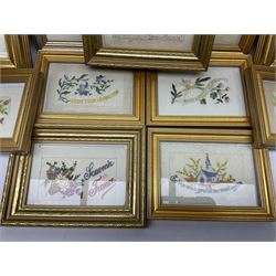 Collection of twenty eight, mostly WWI period embroidered silk greetings cards and postcards, including 'A kiss from France', good luck, sweetheart and Christmas examples, all within modern gilt frames