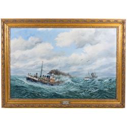 Keith Baldock (Grimsby Contemporary): Steamer Black Watch at Sea, oil on canvas signed 50cm x 75cm 